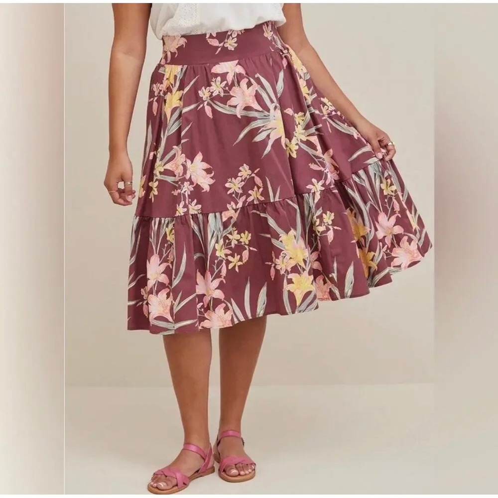 Torrid Burgundy Floral Tiered Midi Skirt Plus Size 2 Tropical Lily Cotton Poplin